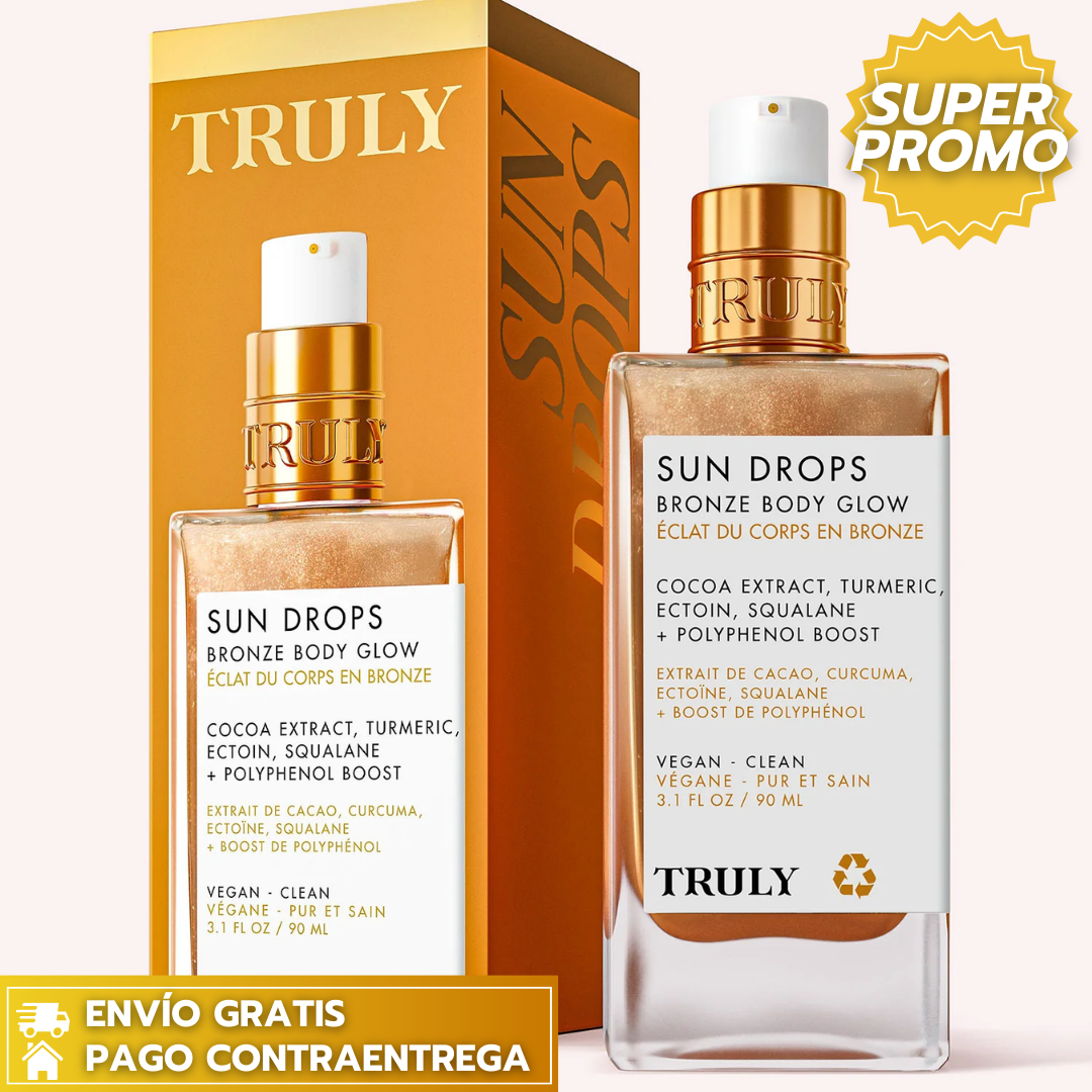 Truly Sun Drops Bronze Body Glow™: Brillo corporal hidratante que deja la piel suave, luminosa y radiante con un acabado sedoso.