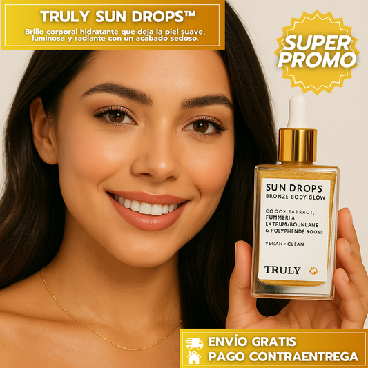Truly Sun Drops Bronze Body Glow™: Brillo corporal hidratante que deja la piel suave, luminosa y radiante con un acabado sedoso.